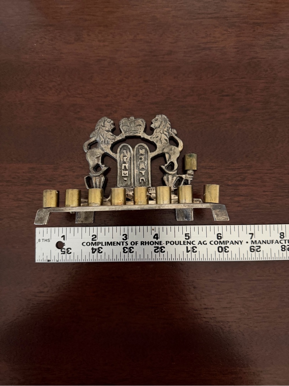 Antique-Style Brass and Silver Menorah with Lion Crest - Silver/Gold